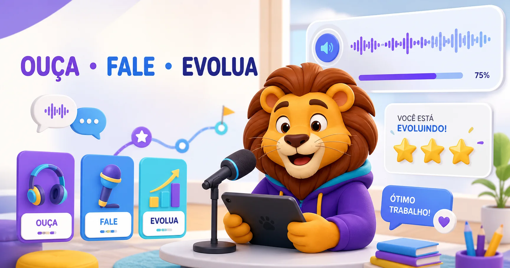 Fala AI com leão, treino de voz, progresso e conquistas